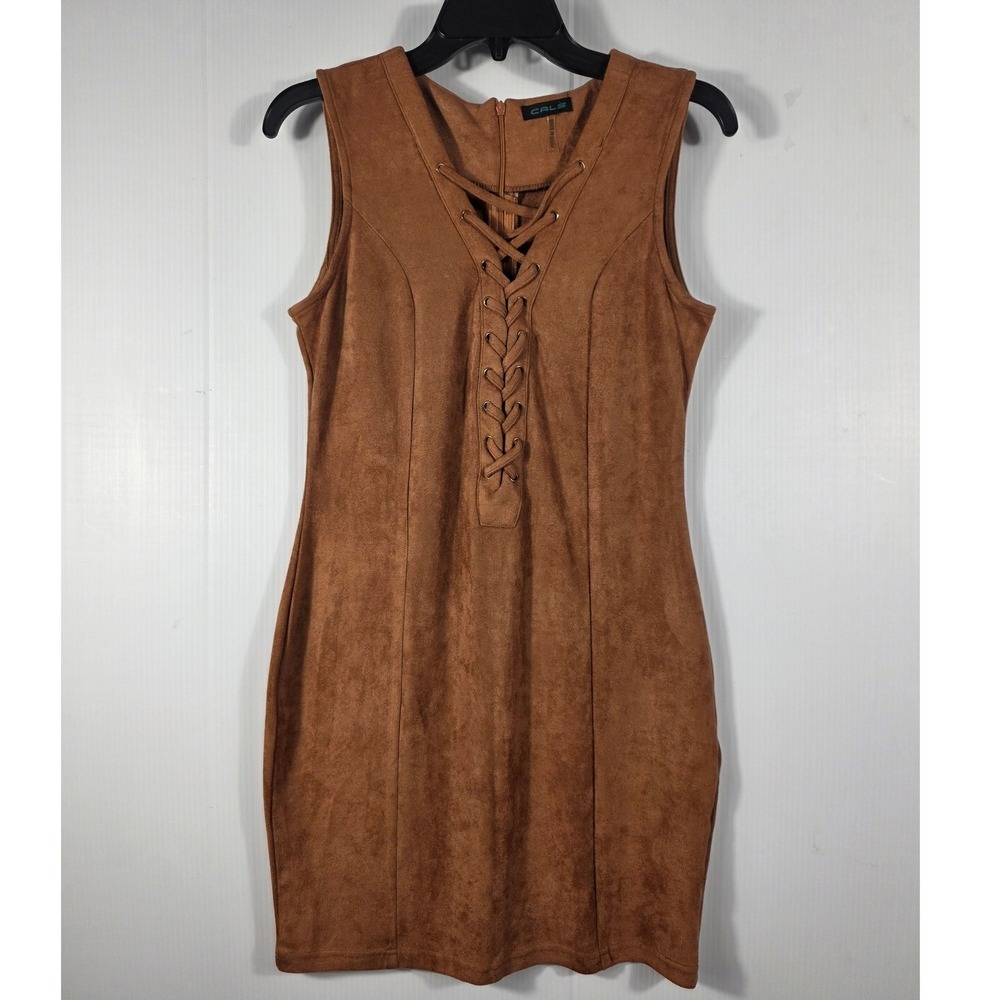 CALS Womens Faux Suede Lace Up Mini Dress Cognac‎ Brown Sleeveless Bodycon Boho
